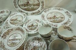 Vintage Johnson Brothers China Tulip Time 50 Pc Service Dinnerware England Brown