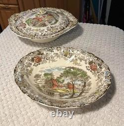 Vintage Johnson Brothers Mill Stream Round Covered Veg Dish + Veg Serving Bowl